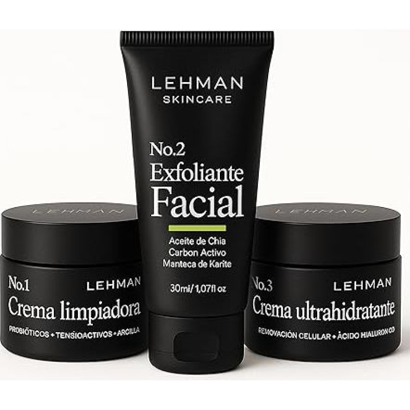LEHMAN veido priežiūros rinkinys vyrams | Valomasis kremas 50 ml + drėkinamasis kremas 50 ml + veido šveitiklis 30 ml | Aukščiausios kokybės odos priežiūra | Gilus valymas, 72 valandų drėkinimas ir atsinaujinimas | Pagaminta