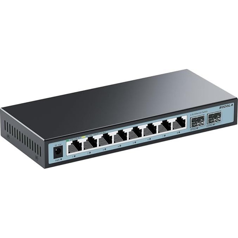 SODOLA 10 prievadų 2,5 Gb nevaldomas Ethernet komutatorius, 8x 2,5G Base-T prievadai, 2x 10G SFP+, be ventiliatoriaus, daugiagigabitinis tinklo komutatorius Ethernet skirstytuvas, skirtas belaidžiams prieigos taškams, NAS, kompiuteriams, Plug & Play