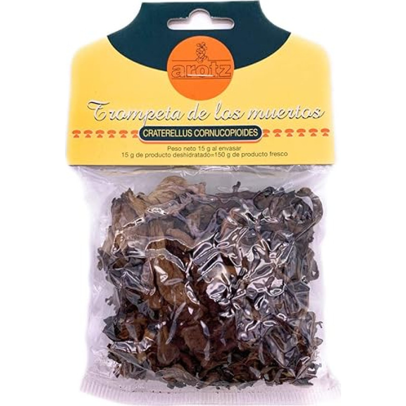 Juodasis trimitas - dar vadinamas negyvuoju arba rudeniniu trimitas - džiovinti valgomieji aukščiausios klasės grybai iš Ispanijos - griežinėliais - 15 g, kiekis: 1 vnt.