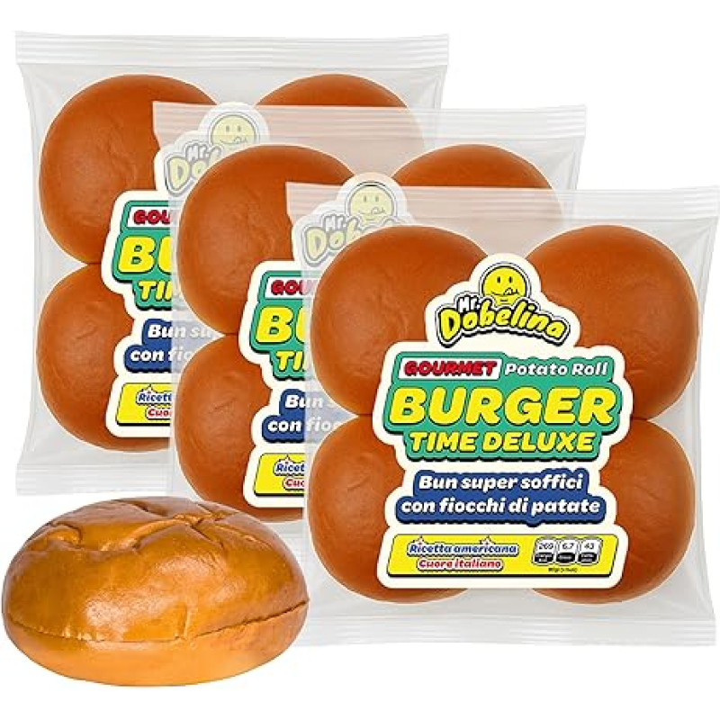 Gurmaniški bulvių suktinukai, 3 pakuotės po 4 x 80 g, 11 cm, minkštos ir skanios Italijoje pagamintos bandelės, idealiai tinkančios amerikietiškiems mėsainiams, 