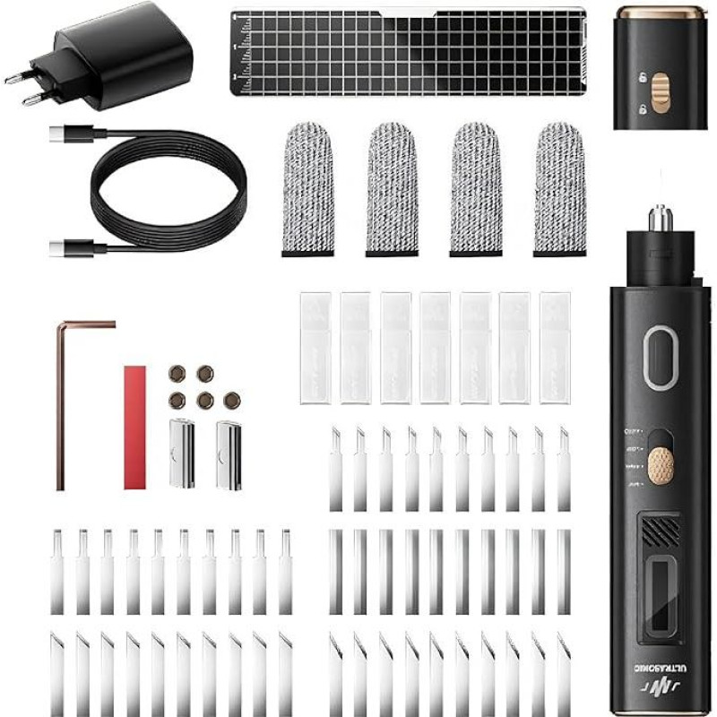 40-kHz-Ultraschall-Schneidewerkzeug-Set, 50 Ersatzklingen, OLED-Display und Zwei Schneidemodi, für 3D-Druck, Kunststoffe, Holz und Leiterplatten (EU-Stecker)