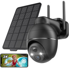 2K lauko stebėjimo kamera su saulės baterija, 360° PTZ kamera, belaidė WLAN lauko kamera, PIR žmogaus aptikimo funkcija, spalvotas naktinis matymas, šviesos ir garso signalas, dvipusis garsas (juoda)