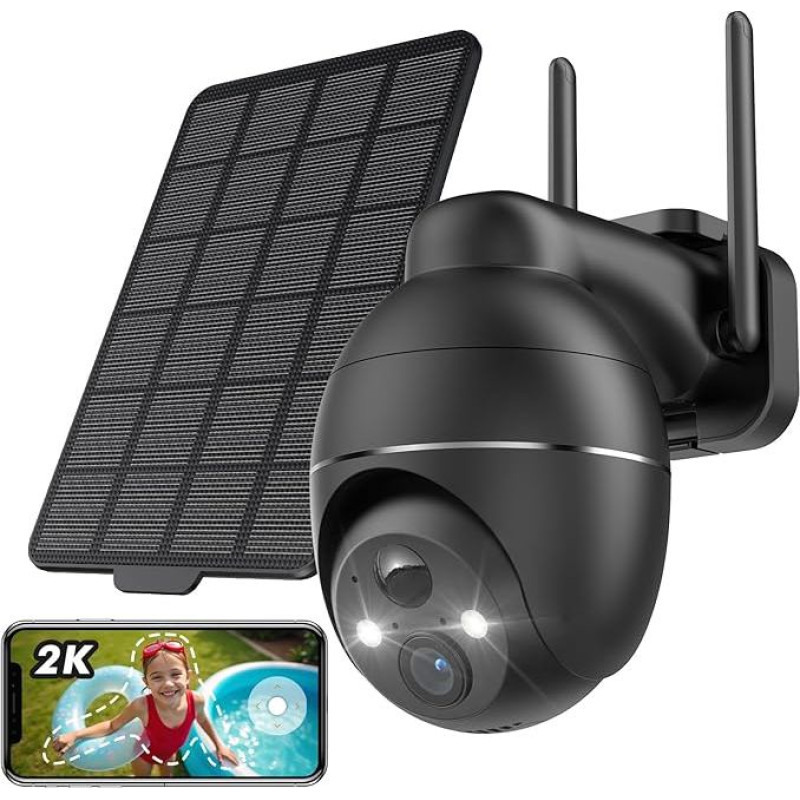 2K lauko stebėjimo kamera su saulės baterija, 360° PTZ kamera, belaidė WLAN lauko kamera, PIR žmogaus aptikimo funkcija, spalvotas naktinis matymas, šviesos ir garso signalas, dvipusis garsas (juoda)