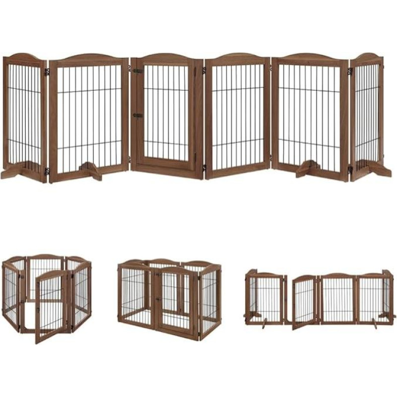 unipaws Pet Playpen with Wood and Wire, 6 Panels Extra Wide Freestanding Dog Gate with 4 Support Feet, Foldable Stair Barrier, Pet Exercise Pen for Dogs and Cats
