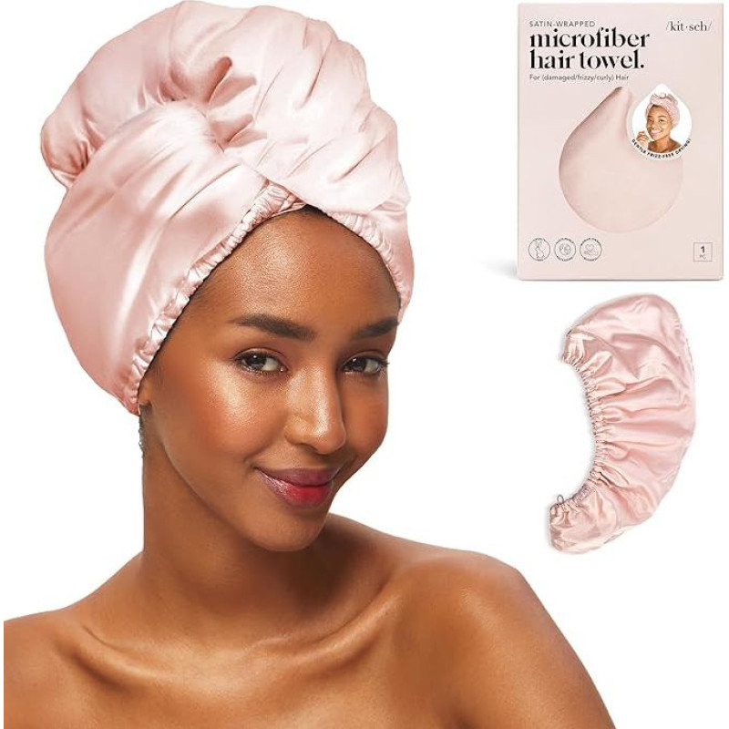 Kitsch Satin Wrapped Microfiber Hair Towel Quick Dry Curly Women Wet Hair Microfiber Towel for Hair Dryer Towel Plaukų džiovintuvas rankšluosčiai Plaukų rankšluosčiai moterims Turbanas drėgniems plaukams