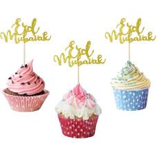 Pack of 20 Eid Mubarak Cake Toppers Gold Eid Mubarak Cupcake Toppers Ramadan Muslim Hajj Eid Decor for Eid Party Cake Decorations