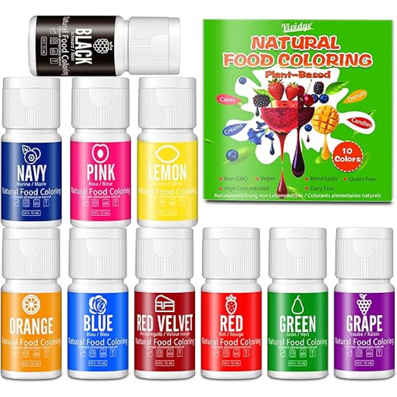 Natūralūs maistiniai dažai - 10 x 10 ml ekologiškų maistinių dažų - be dirbtinių dažiklių, be glitimo, veganiški, 100 % augaliniai skysti maistiniai dažai kepiniams, pyragams, fondanui ir rankdarbiams