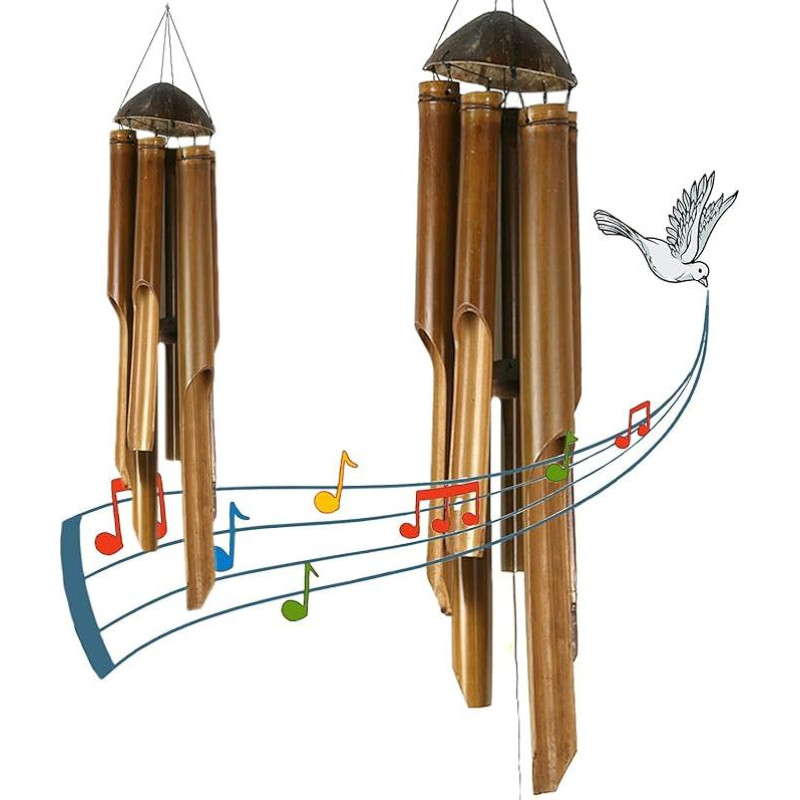 ART-CRAFT 2 x Rustic Bamboo Wind Chimes Dideli bambuko fengšui mediniai vėjo varpeliai, skirti naudoti lauke Rankų darbo ilgis 90 ir 100 cm