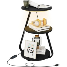 ARTETHYS Beistelltisch, kleiner runder Couchtisch mit 3 farbigen LED-Lichtern, Beistelltisch mit 3 Ablagen, Nachttisch, Sofa, Beistelltische für Wohnzimmer, Schlafzimmer, Schwarz