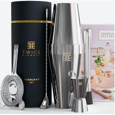 Cocktail Shaker Set Stainless Steel Shaker in Boston Style Rich Accessories for Easy Use Bonus Recipe Book in English. Elegant Gift Box & Storage Bag.