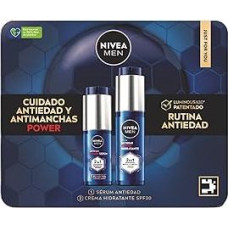 NIVEA MEN POWER Anti-Ageing Pack Power - drėkinamasis veido kremas SPF30 50ml + 2-in-1 veido serumas nuo dėmių ir raukšlių 30ml su patentuotu Luminous630 ir hialurono rūgštimi.