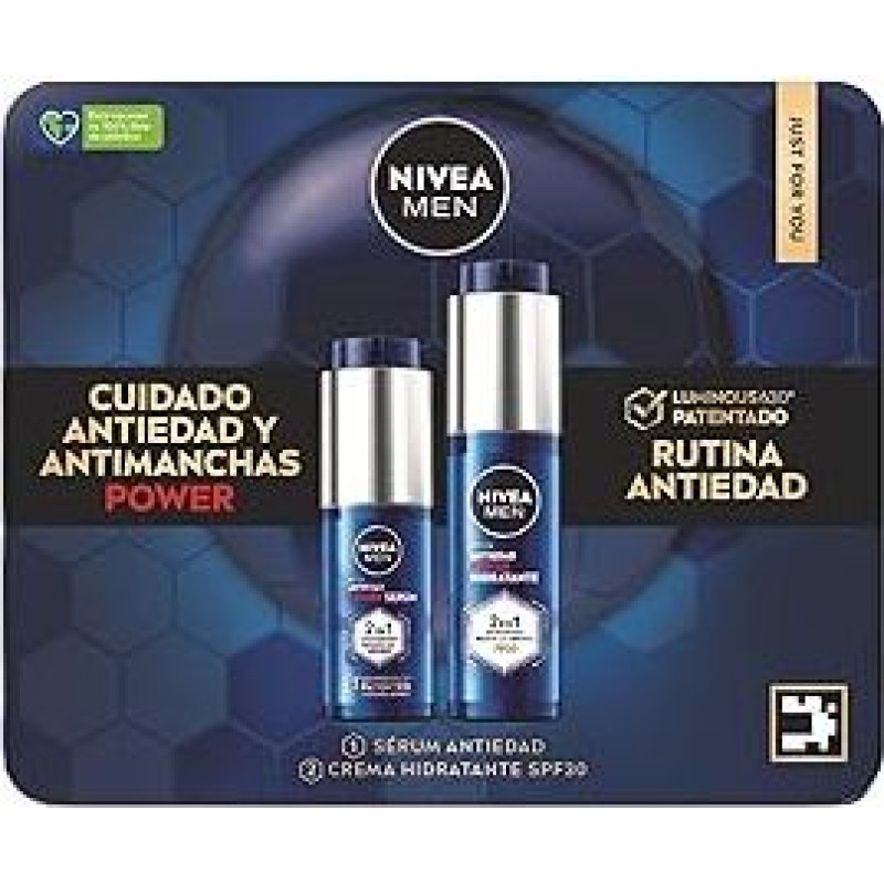 NIVEA MEN POWER Anti-Ageing Pack Power - drėkinamasis veido kremas SPF30 50ml + 2-in-1 veido serumas nuo dėmių ir raukšlių 30ml su patentuotu Luminous630 ir hialurono rūgštimi.