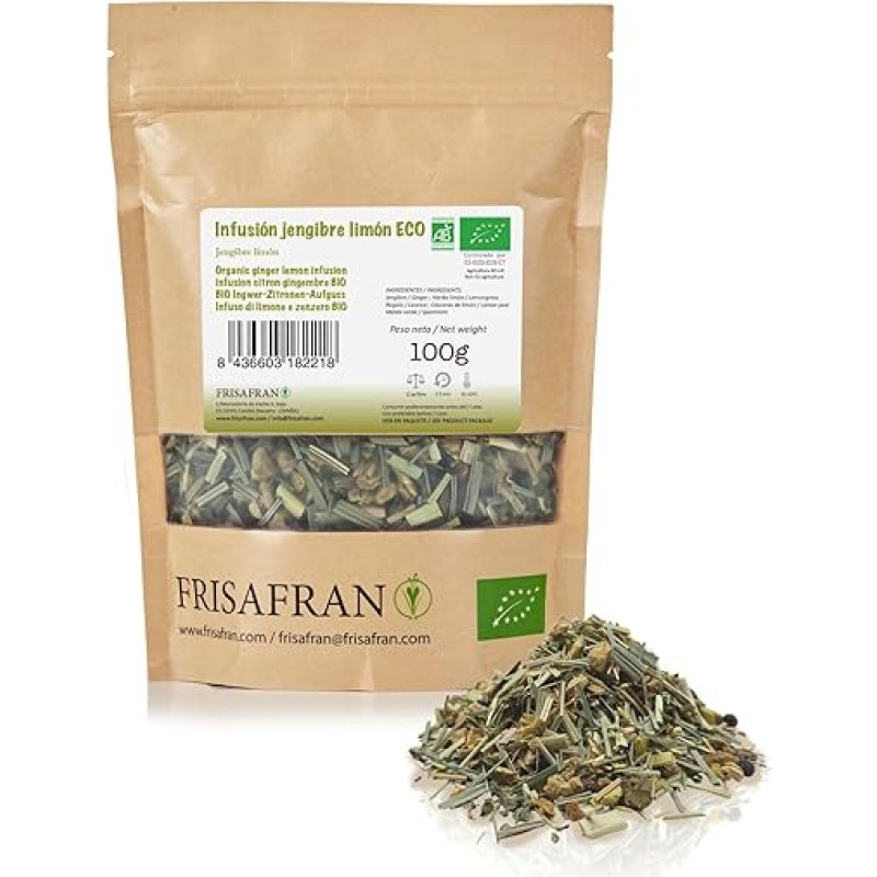 FRISAFRAN Ekologiškas imbiero ir citrinos užpilas 100 g | Priešuždegiminis preparatas | Natūralūs ingredientai | Vitaminai | Virškinimo užpilas | Antioksidantas | Imbiero citrinų arbata | Imbiero arbata | Citrinų arbata | Arbata