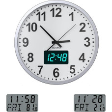 KWANWA Modern wall clock without ticking noise, digital LCD/LED display, calendar and temperature, battery operated, 30.5 cm, 12h format, perfect for kitchen, bedroom and office