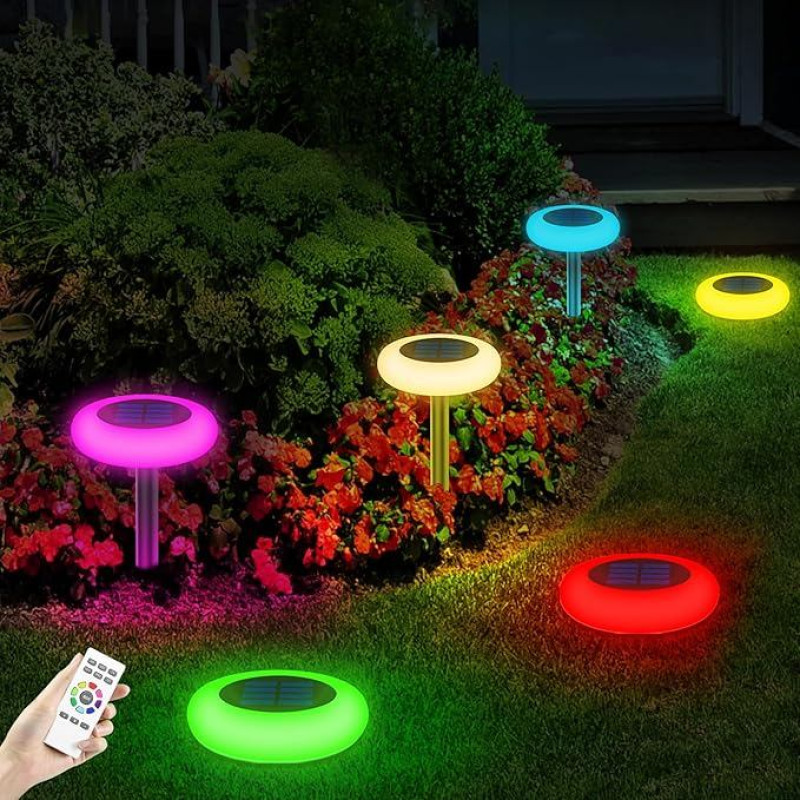 INTELAMP saulės žibintai lauko sodui su nuotolinio valdymo pulteliu, 6 saulės žibintų pakuotė, grindų žibintai, lauko žibintai su RGB režimais, 9 specifinės spalvos, šilta balta, atsparūs vandeniui, skirti sodui, vejai, terasai, kiemui
