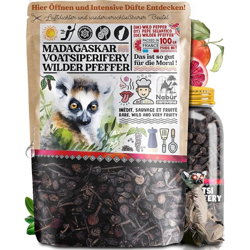 Nabür, 200 g Laukiniai pipirai Voatsiperifery Pipirai iš Madagaskaro, Gourmet, Laukiniai Madagaskaro pipirai (100 g)