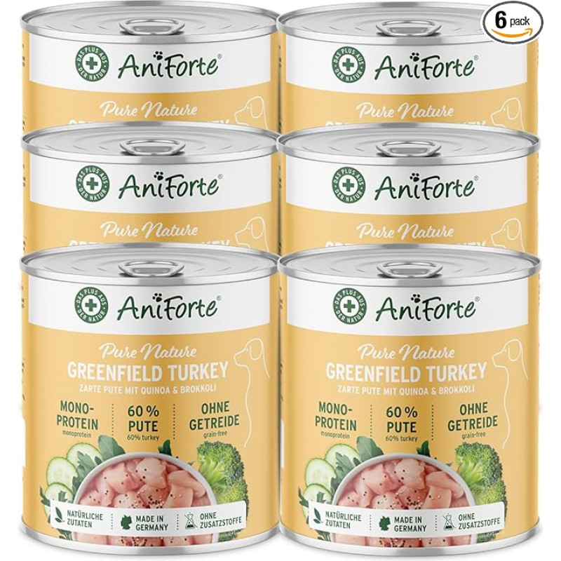 AniForte GreenfieldTurkey Wet Dog Food, 6 x 800 g, drėgnas maistas šunims, šviežia kalakutiena su daržovėmis ir vaisiais, daug mėsos, natūralus drėgnas maistas šunims, be grūdų