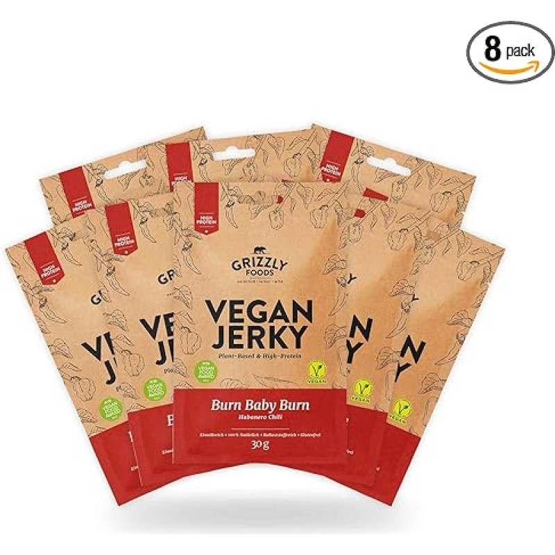 Grizzly Foods - Vegan Jerky Burn Baby Burn (8 x 30g) - Vegetariški jautienos džerkai - veganiška džiovinta mėsa - daug baltymų turintis užkandis - idealiai tinka keliaujant, biure, sportuojant