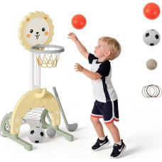 4-in-1 Children's Basketball Hoop Set, Height-Adjustable Basketball Stand with Football Goal, Golf Game and Ring Throw, Mini Basketball Hoop, Children's Play Equipment for Indoor and Outdoor