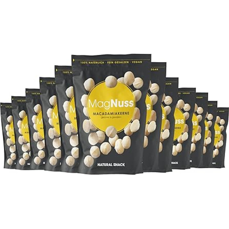 MagNuss Macadamias, skrudinti ir sūdyti makadamijų branduoliai, 12 x 125 g sandėliavimo pakuotė, veganiška, be glitimo