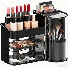 Drehbarer Make-up-Organizer für Schminktisch, um 360 Grad drehbarer Make-up-Pinselhalter, Make-up-Halter, Hautpflege-Organizer, mit transparentem Deckel und Schubladen, idealus makiažo smeigtukams