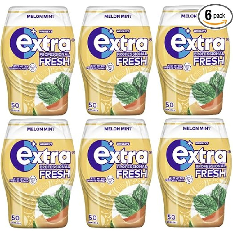 EXTRA Professional Fresh Tin Melon Mint 6 x 50 dražė I Kramtomoji guma I Melon Mint I Kramtomoji guma be cukraus I Dantų priežiūra - pastebimai švariems ir sveikiems dantims I Kvapo gaiviklis - gaivus kvapas