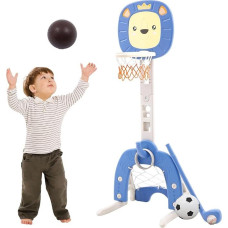Children's Basketball Hoop 4-in-1 Basketball Hoop Indoor Outdoor with Basketballs Football Goal Throwing Game Golf Game Height Adjustable Basketball Stand 120-150 cm Toy for Boys Girls from 3 Years (Blue)