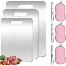 Titano pjaustymo lenta, nerūdijančio plieno pjaustymo lenta virtuvei, titano pjaustymo lenta su virtuvės kempine ir rotaciniu peiliu, dvipusė 304 pjaustymo lenta mėsai (3 pakuotės)