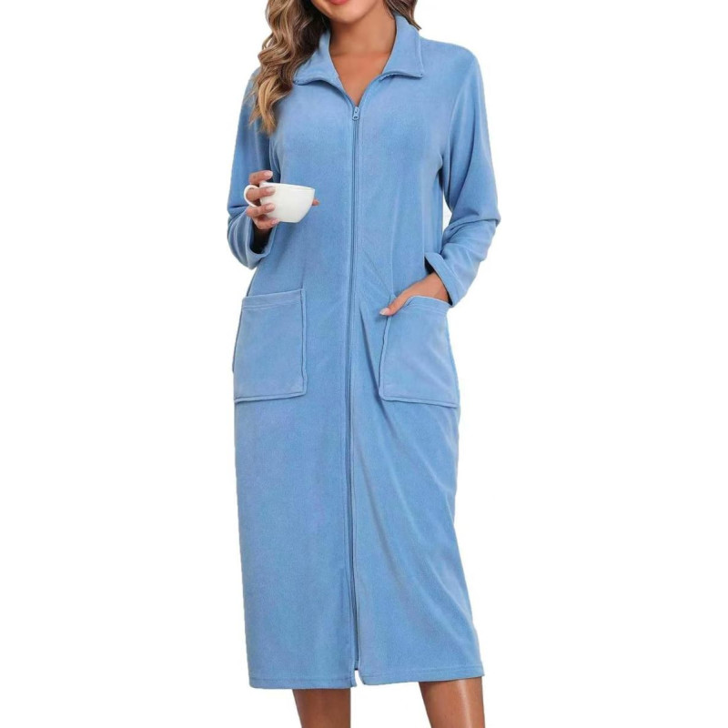 Vilnonis chalatas moterims Zip naktinė suknelė ilgas chalatas lengvas namas paltas su kišenėmis S-3XL