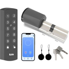 Išmanioji spyna, elektroninė durų spyna su klaviatūra, užrakto cilindras 35/35, durų atrakinimas naudojant NFC korteles, numerio kodą, programėlę, raktus, išmanioji durų spyna su baterija ir įkrovikliu. Automatinis