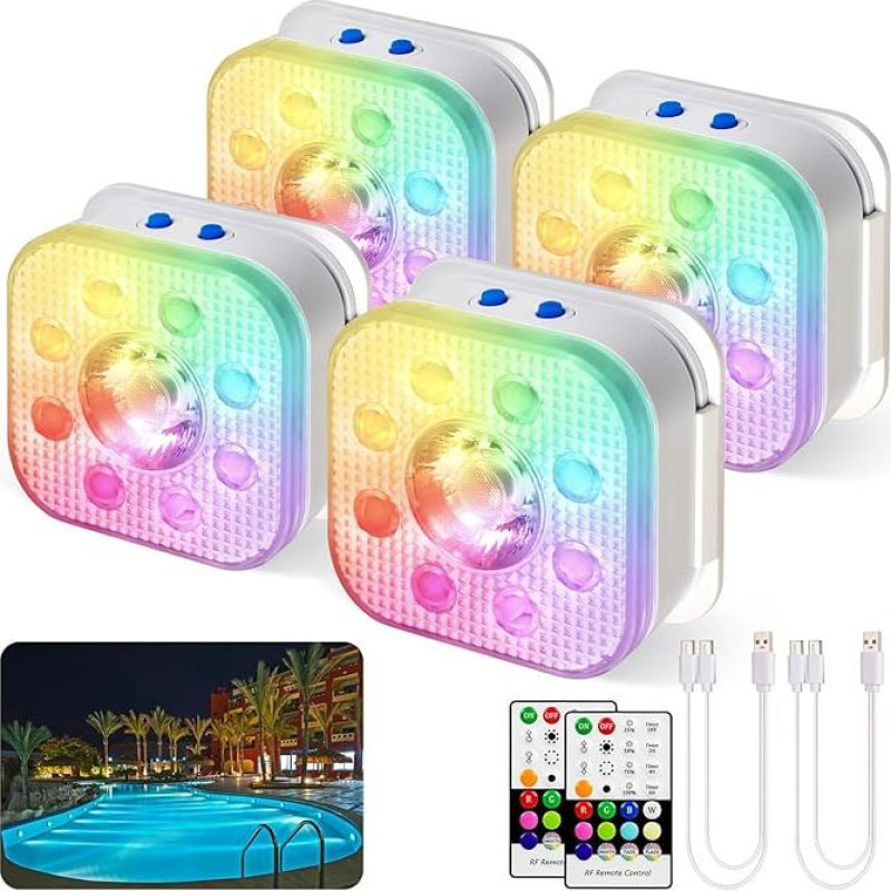 HL povandeninis apšvietimas su nuotolinio valdymo pulteliu, RGB LED plūduriuojantis baseino apšvietimas, baseino magnetinis apšvietimas, baseino apšvietimas baseinui, tvenkinio apšvietimui, fontanui, tvenkiniui, akvariumui, vakarėlių dekoracijoms, 4 vnt.