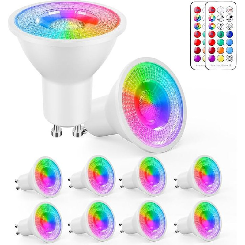 YAYZA! GU10 LED RGBWW lemputė, 8 vnt., su nuotolinio valdymo pulteliu, RGB + šilta balta 3000K, 5 šviesos režimai, 450 liumenų, 5 W ekvivalentas 40 W, energiją taupanti lemputė