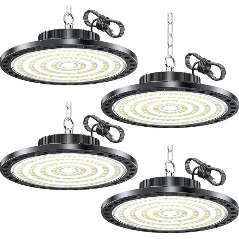 LED vidaus prožektorius 100 W 10000 lm, 4 dalių salės apšvietimas UFO lempa 6500 K Cool White LED dirbtuvių lubų apšvietimas IP65 vandeniui atsparus AC 85-265 V, skirtas dirbtuvėms, garažams, sandėliams, rūsiams