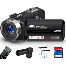 Video Camera 4K 30FPS Camcorder 80MP 18X Digital Zoom IR Night Vision Vlogging Camera 3.0 Inch IPS Screen YouTube Camera with 32GB SD Card, Microphone, Remote Control and 2 Batteries