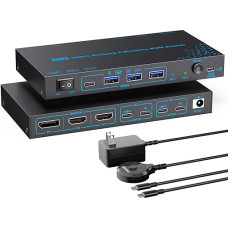 2 nešiojamieji kompiuteriai 3 monitoriai KVM jungiklis 2 prievadai MST Dvigubas USB-C dokas KVM palaiko tris monitorius Maksimalus 10Gbps USB perdavimas Du 4K@60Hz ir vienas 1080P@60Hz vaizdo išvestis 100W PD įkrovimo funkcija