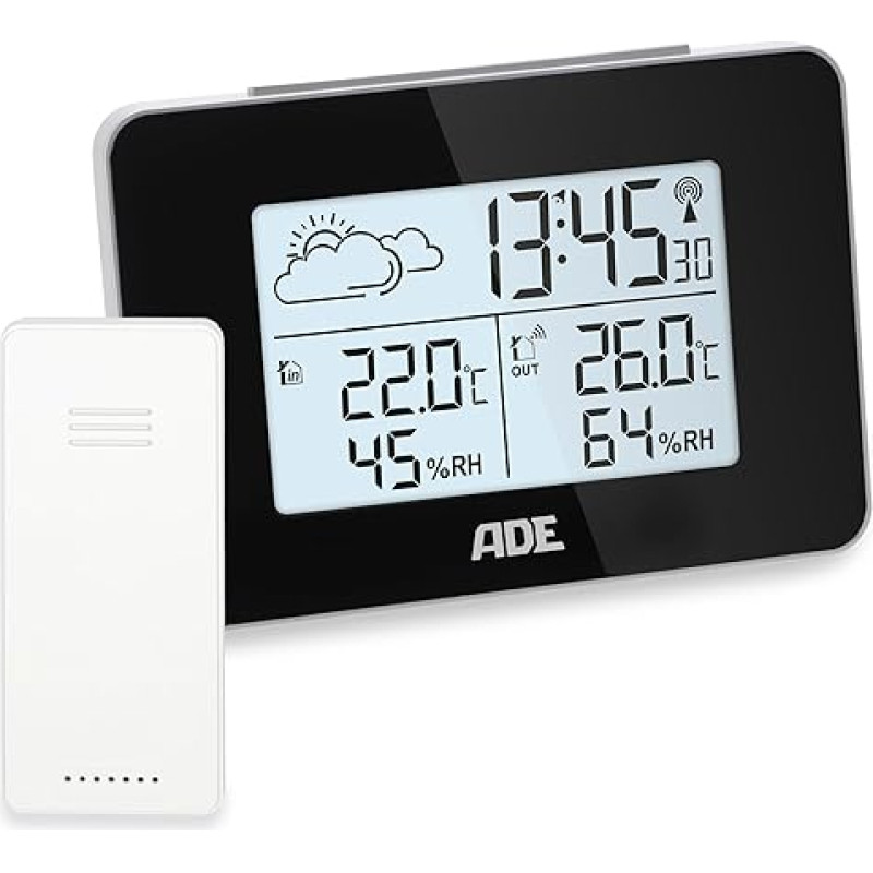 ADE skaitmeninė radijo orų stotelė su lauko jutikliu, vidaus ir lauko temperatūra, drėgmės matuokliu, animuotomis orų prognozėmis, radijo žadintuvu su snaudimo funkcija, juoda