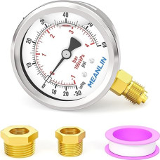 MEANLIN MEASURE Vakuum-Manometer mit Glyzerin-gefülltem Vakuum-Manometer, Edelstahl, 6,3 cm (1/4 Zoll) BSP 6,3 cm Zifferblatt-Untermontage, mit 1/4 Zoll x 1/2 Zoll BSP und 1/4 Zoll x 3/8 Zoll