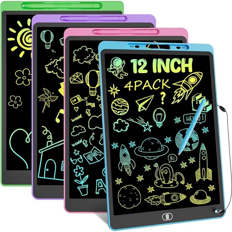 12 colių LCD rašymo lenta, 4 spalvotų elektroninių piešimo lentų pakuotė su trintuku ir rašikliu, nešiojamasis piešimo padėklas, vaikų žaislas, dovana 3 4 5 6 7 metų mergaitėms ir berniukams
