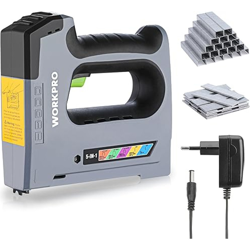 WORKPRO 5-in-1 elektrinis segiklis 3,6 V, 2000 mAh akumuliatoriaus baterija, skirtas JT21, T50, T20, BN18, PIN su 2000 segtukų ir vinių, idealiai tinka dekoravimui, baldų statybai