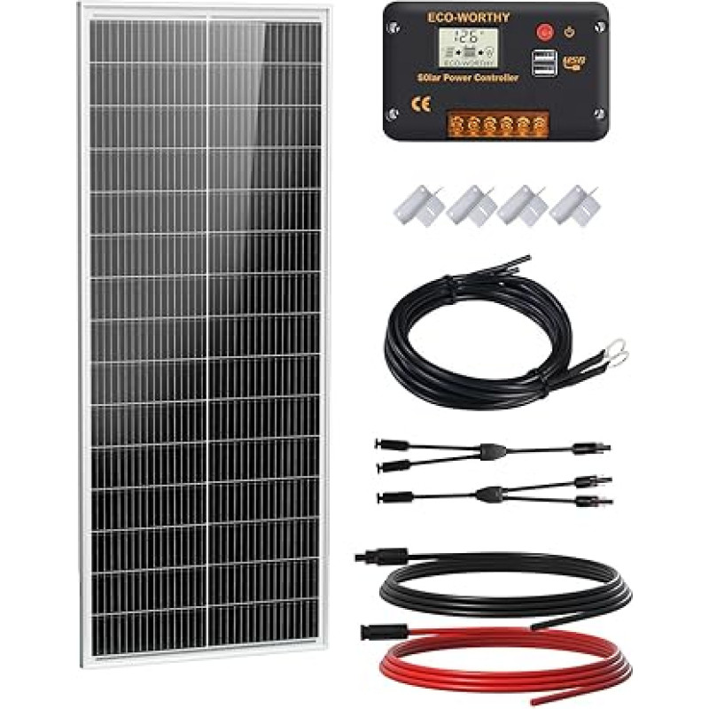 ECO-WORTHY saulės baterijų rinkinys 100W 12V, 100W saulės baterijos 18BB N tipo, efektyvumas 25% su 30A įkrovimo valdikliu, tinka nameliams ant ratų, valtims ir saulės sistemoms.