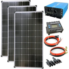 solartronics Pilnas rinkinys 3 x 130 vatų saulės modulis 1500 vatų TS1500 Pure Sine Blue įtampos keitiklis Įkrovimo valdiklio kabelis Fotovoltinė salos sistema