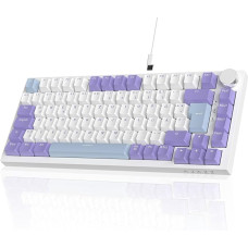 AJAZZ AK820 laidinė mechaninė klaviatūra, 75 % žaidimų klaviatūra su garsumo valdymo rankenėle, vokiškas QWERTZ išdėstymas, 82 klavišai, penkių sluoksnių garso izoliacijos padas, RGB apšvietimas, visas klavišų keitimas, mėlyna, balta, violetinė