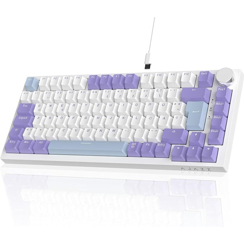 AJAZZ AK820 laidinė mechaninė klaviatūra, 75 % žaidimų klaviatūra su garsumo valdymo rankenėle, vokiškas QWERTZ išdėstymas, 82 klavišai, penkių sluoksnių garso izoliacijos padas, RGB apšvietimas, visas klavišų keitimas, mėlyna, balta, violetinė
