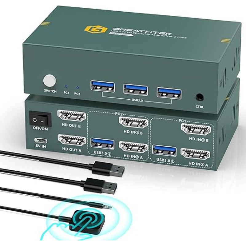 8K60Hz HDMI USB 3.0 KVM jungiklis 2 kompiuteriams 2 monitoriams, 4K144Hz KVM jungikliai, 2 kompiuterių 2 monitorių jungiklis su 2 USB kabeliais, skirtas dalytis klaviatūra, pele, spausdintuvu ir palaikantis iki 3 USB įrenginių