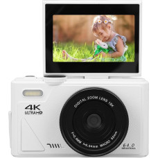4K skaitmeninis fotoaparatas, 18 kartų priartinantis fotoaparatas su 3 colių atlenkiamu ekranu, 64 MP UHD automatinio fokusavimo retro kompaktiškas skaitmeninis fotoaparatas, skirtas kelionių fotografijai ir tinklaraščiui (baltas)