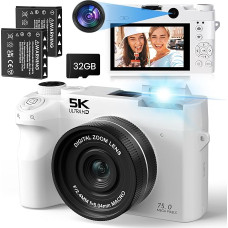 5K 75MP skaitmeninis fotoaparatas, Vlogging fotoaparatas, dvigubas fotoaparatas, Selfie Beauty, 18x priartinimas, automatinis fokusavimas, WiFi perdavimas, 3 colių kompaktiškas ekranas, 32GB kortelė, idealiai tinka pradedantiesiems, paaugliams