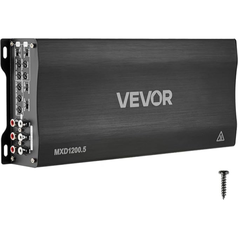 VEVOR automobilinis stiprintuvas 5 kanalų galios stiprintuvas D klasės tiltinis maksimalus 4 x 100 W prie 4 omų / 4 x 200 W prie 2 omų + 1 x 1000 W prie 2 omų / 1 x 500 W prie 4 omų didelės galios stiprintuvas, skirtas transporto priemonėms