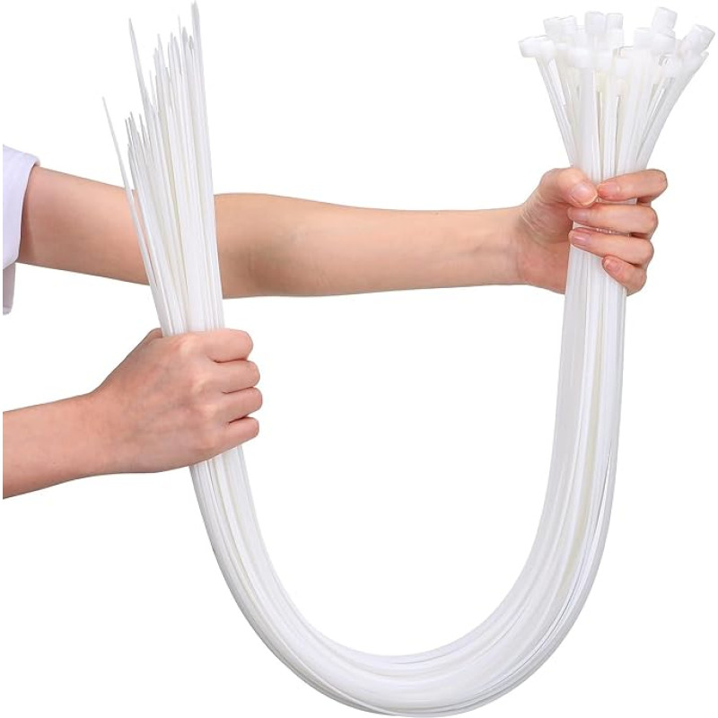 Ypač ilgi balti 600 mm x 8,8 mm storio dideli kabeliniai kaklaraiščiai, 100 vnt. pramoninių patvarių tvirtų vielinių kaklaraiščių, skirtų tvoroms, tentams, šakoms ir augalams rišti
