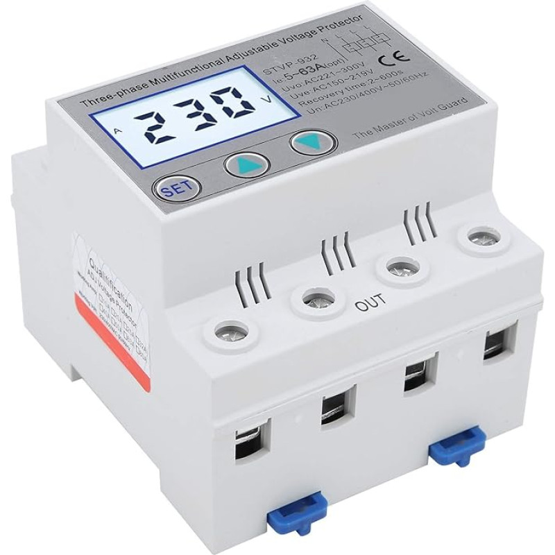 Apsauga nuo viršįtampių 230 V/400 V kintamosios srovės reguliuojamos įtampos apsauga STVP-932 3 fazių LCD daugiafunkcinė savaiminio atstatymo įtampos apsauga (63 A)