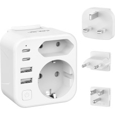 JSVER kelioninių adapterių rinkinys, tarptautinis kelioninis kištukas, 2 skyriai, 4 USB (2 C USB), 3 nuimami adapteriai su jungikliu, C/G/B tipo kištukas JAV, Europai, Anglijai, Jungtinei Karalystei, Tailandui (baltas)